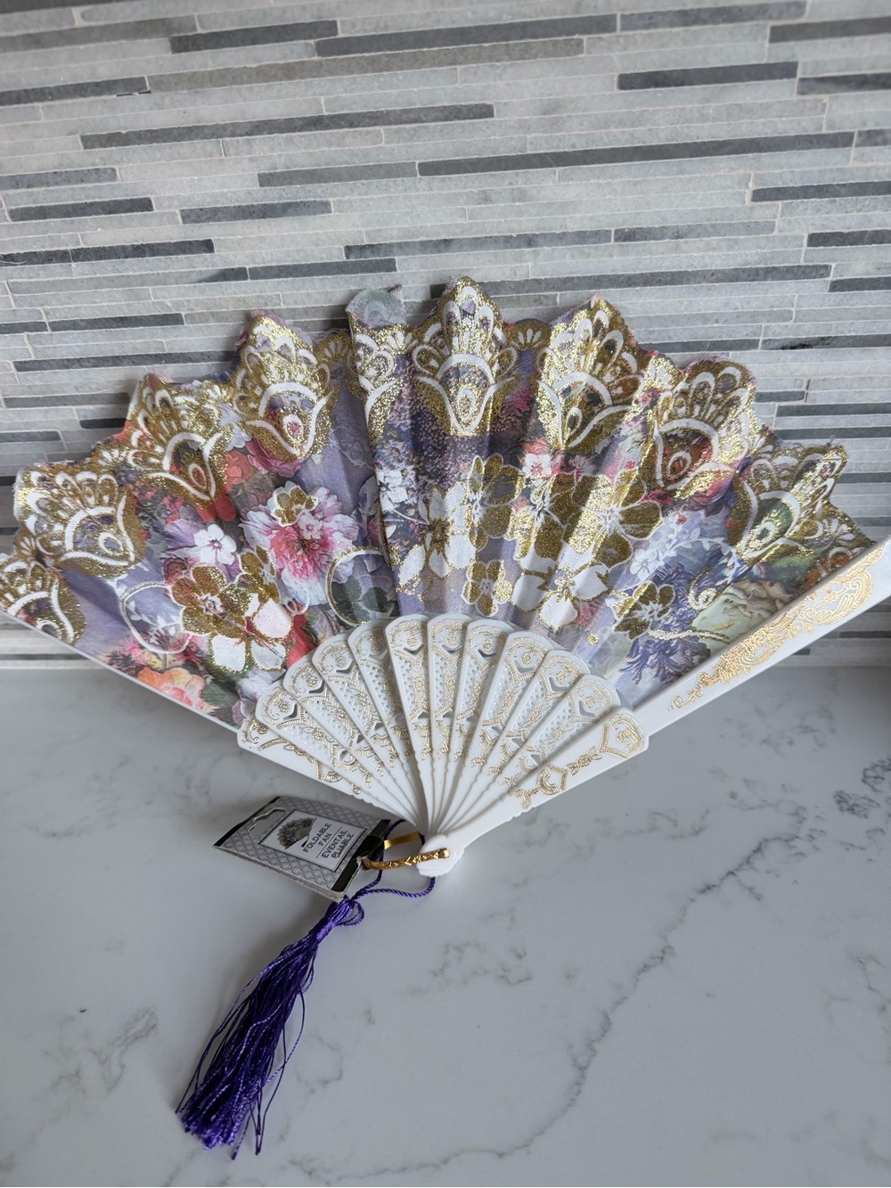Vintage Decorative White and Purple Floral Hand Fan Wall Decor